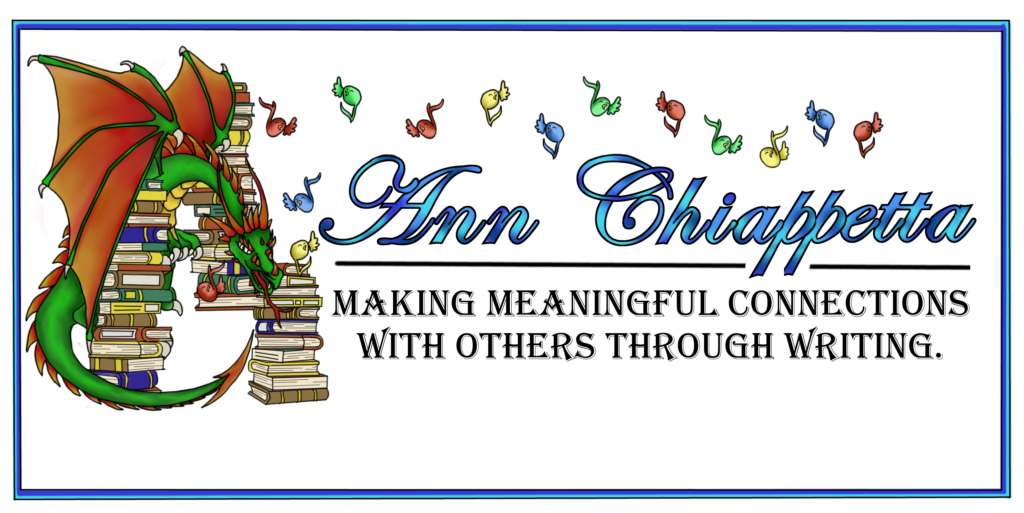 photo description of Ann's personal logo of green dragon floating amid books and musical notes. 