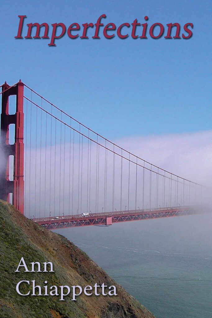 A sweeping view of the Golden Gate bridge at daytime, the bay spread out below it and the top of its towers bathed in fog. The title is across the top and the author's name is across the bottom.